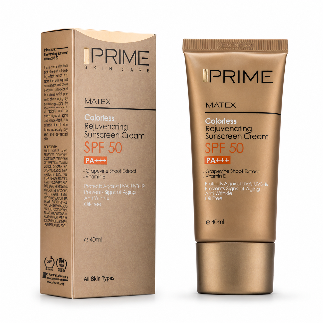کرم ضد آفتاب بی رنگ جوان‌کننده پرایم SPF50 مدل Matex حجم 40میل